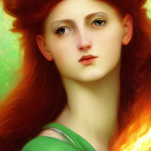 Prompt: a beautiful stunning fantasy whimsical matte digital portrait illustration of a pretty womam with bright green eyes and fiery red hair with a green bird on her shoulder, in the style of William Adolphe-Bouguereau and Marc Simonetti, magic the gathering, trending on artstation, contest winner