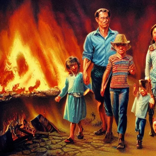 Prompt: a picture of a family walking in front of a fire, a detailed matte painting by mort kunstler, pixiv, kitsch movement, hellish background, movie poster, official art