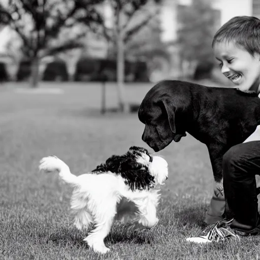 Image similar to a short guy playing with his black and white dog