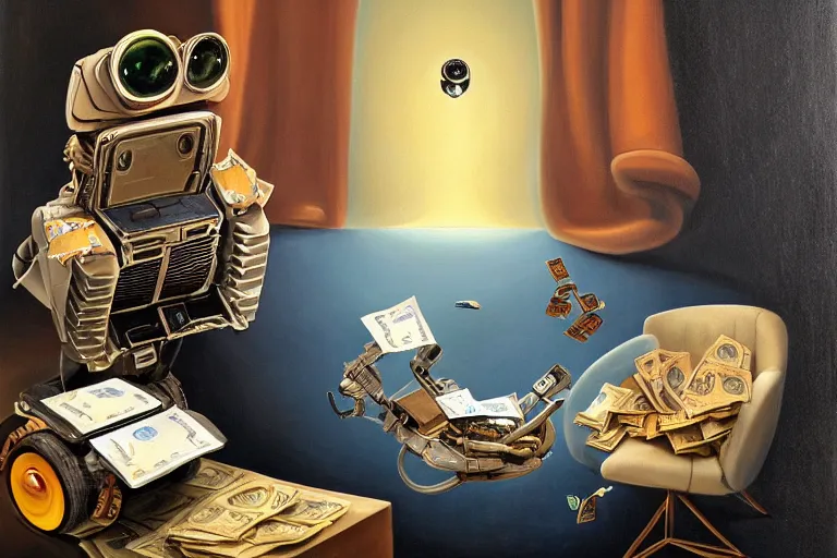 Image similar to Salvador Dali, WALL-E and Elon Musk counting money and holding keys, oil on canvas, artstation, portrait, masterpiece, aesthetic