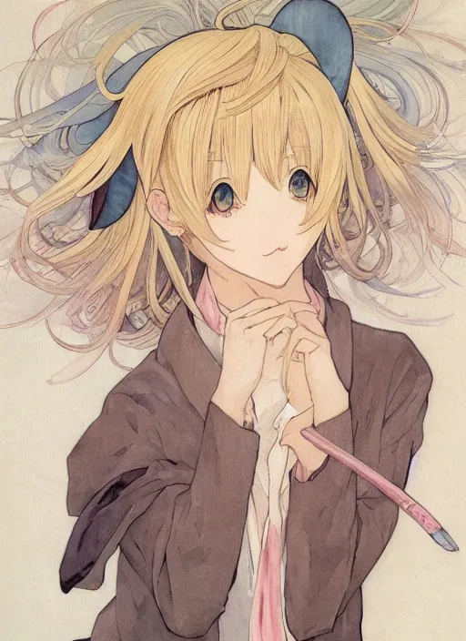 Image similar to A watercolor painting of a beautiful anime feminine catboy with short cream colored hair and fennec fox ears and tanned skin wearing a white sweater, elegant, delicate, soft lines, higly detailed, skinny, smooth , pixiv art, ArtStation, pink hue, artgem, art by alphonse mucha charles reid and shirow masamune, high quality