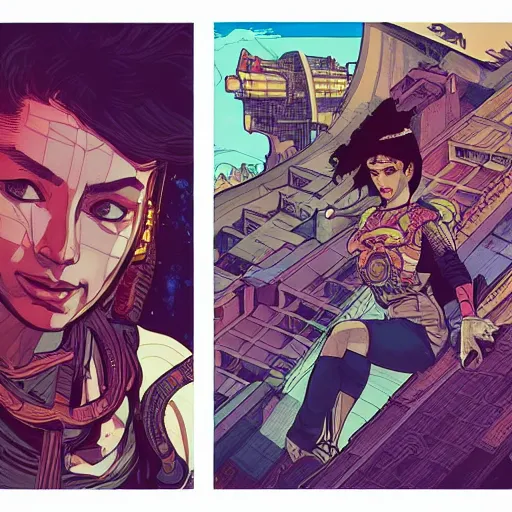 Prompt: incan cyberpunk with scenic background. portrait illustration, pop art, art by ashley wood, alphonse mucha, laurie greasley and josan gonzalez. cinematic. dynamic lighting. realistic proportions. creative design. cel shading, clean aesthetic