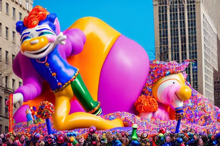 Image similar to photo of giant beautiful elaborate parade float character designed by ( ( ( ( ( ( ( ( lisa frank ) ) ) ) ) ) ) ) and wes anderson!!!!!!!!!!!!!!, in the macys parade, detailed 4 k photo,