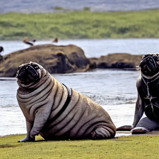 Image similar to a Walrus-Pug Hybrid, A Walrus that looks like a pug, huge tusks, afternoon hangout, good times photograph, candid