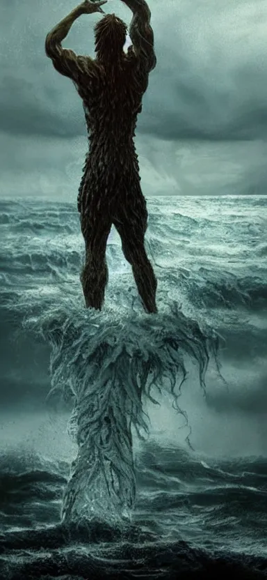Image similar to giant creepy monster made of water, made of liquid, rising up from ocean, water armor, high detail, high contrast, close up portrait, studio lighting, stormy seas, beautiful, bokeh, snowy, storm clouds, god rays, d & d, fantasy, elegant, aquamarine color palette, concept art, roger deakins and greg rutkowski and alphonse mucha