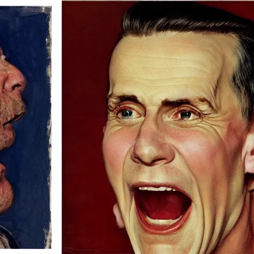 Prompt: Front portrait. On the left, a man trying to look as alpha male as possible. On the right, a woman laughing at him. A painting by Norman Rockwell.