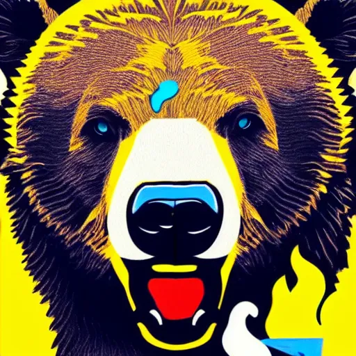 Prompt: pop art headshot of a grizzly bear holding a lit and smoking joint.