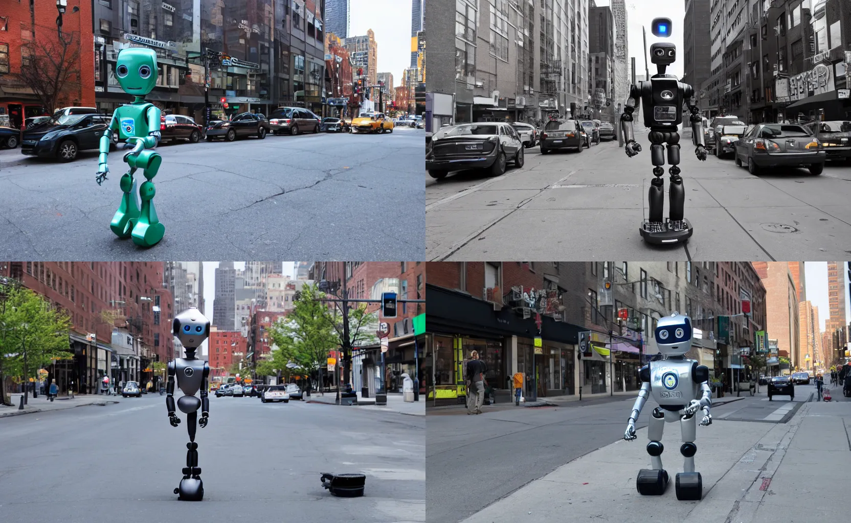 Prompt: photograph of robie the robot walking in downtown manhatten