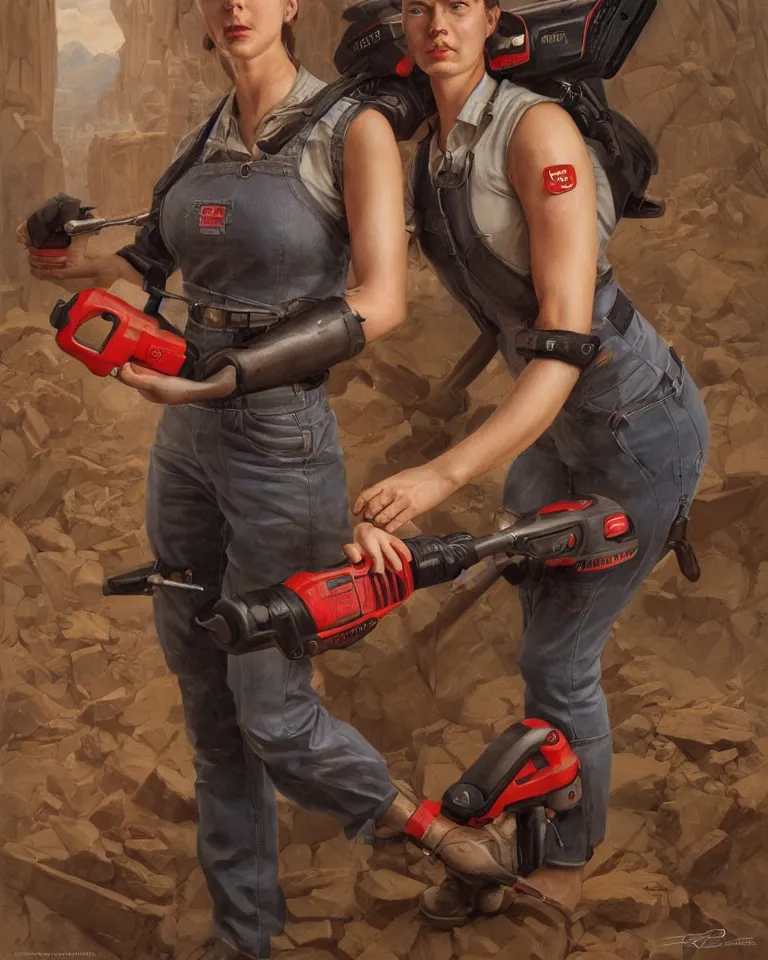 Image similar to epic portrait a slightly muscular woman wearing short sleeved uniform and carrying a red power tool drill, detailed, centered, digital painting, artstation, concept art, donato giancola, Joseph Christian Leyendecker, WLOP, Boris Vallejo, Breathtaking, 8k resolution, extremely detailed, beautiful, establishing shot, artistic, hyperrealistic, beautiful face, octane render