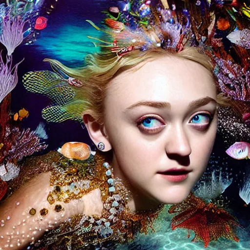 Image similar to dakota fanning portrait, fantasy, mermaid, hyperrealistic, game character, underwater, highly detailed, sharp focus, cinematic lighting, pearls, glowing hair, shells, gills, crown, water, highlights, starfish, jewelry, realistic, digital art, pastel, magic, fiction, ocean, king, colorful hair, sparkly eyes, fish, heroic, goddess, waves, bubbles, queen