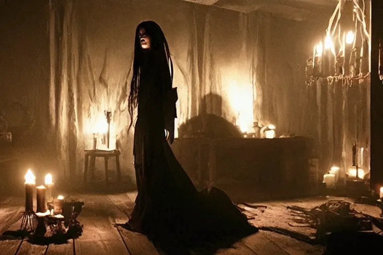 Image similar to VFX movie of ascending goth woman in the attic, demonic magic ritual, candle lit, glowing eyes by Emmanuel Lubezki