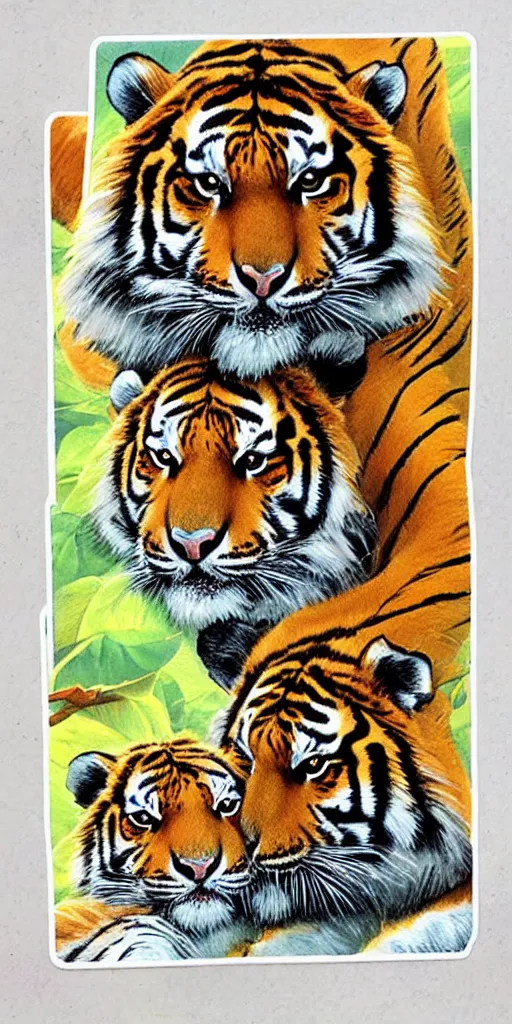 Prompt: sticker sheet, love, 2 beautiful siberian tigers, by tran nguyen, warm colors, cozy
