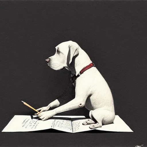 Image similar to a dog writing a letter with a pencil, art by greg rutkowski, intricate, elegant, highly detailed, smooth, sharp focus, artstation