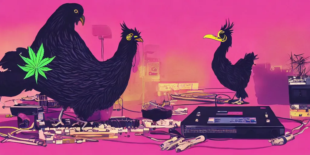 Image similar to 'black chicken'!!! smoking 'cannabis'!!!!!! in front of 'audio console'!!!! and 'multi monitors'!!!! 'in a hi-tech tv broadcasting studio'!!!!, artwork by James Gilleard