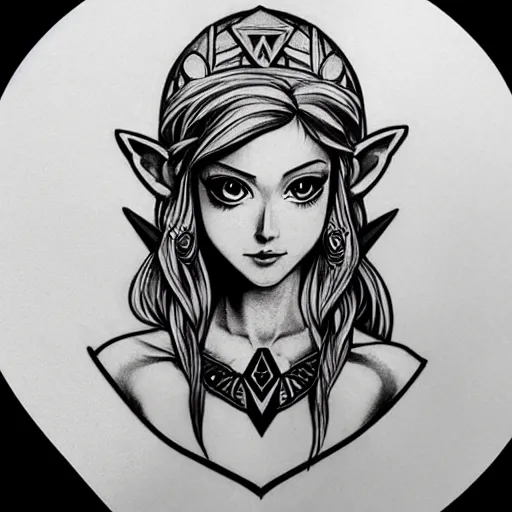 Image similar to tattoo design, stencil, portrait of princess zelda by artgerm, symmetrical face, beautiful, triforce