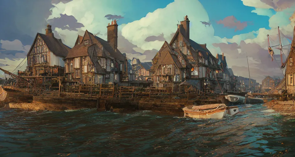 Image similar to highly detailed victorian cornish fishing village, stephen bliss, unreal engine, greg rutkowski, loish, rhads, beeple, makoto shinkai and lois van baarle, ilya kuvshinov, rossdraws, tom bagshaw, tom whalen, alphonse mucha, global illumination, god rays, detailed and intricate environment