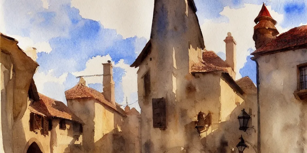 Prompt: medieval town, summer morning light, watercolor painting by john singer sargent, trending on artstation