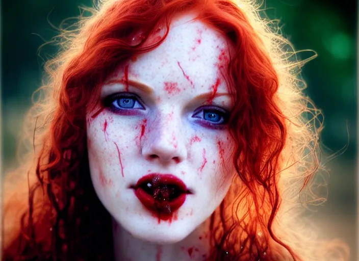 Image similar to award winning 5 5 mm close up face portrait photo of an anesthetic and beautiful redhead woman with blood - red wavy hair, intricate eyes that look like stars, and fangs, in a park by luis royo