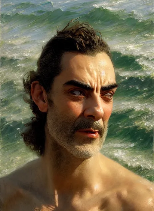 Image similar to detailed cinematic wide shot of muscular attractive young portuguese man ( ( mr. bean ) ) beard slim face symmetrical face tanskin green eyes white hair wearing sea clothes, ultra realistic, spring light, painting by gaston bussiere, craig mullins, j. c. leyendecker