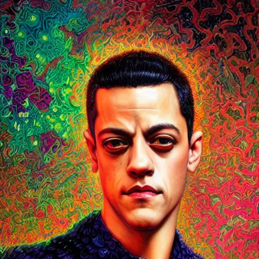 Image similar to portrait of rami malek, hyper detailed masterpiece, neon floral pattern, jean giraud, digital art painting, darkwave goth aesthetic, psychedelic, artgerm, donato giancola and tom bagshaw