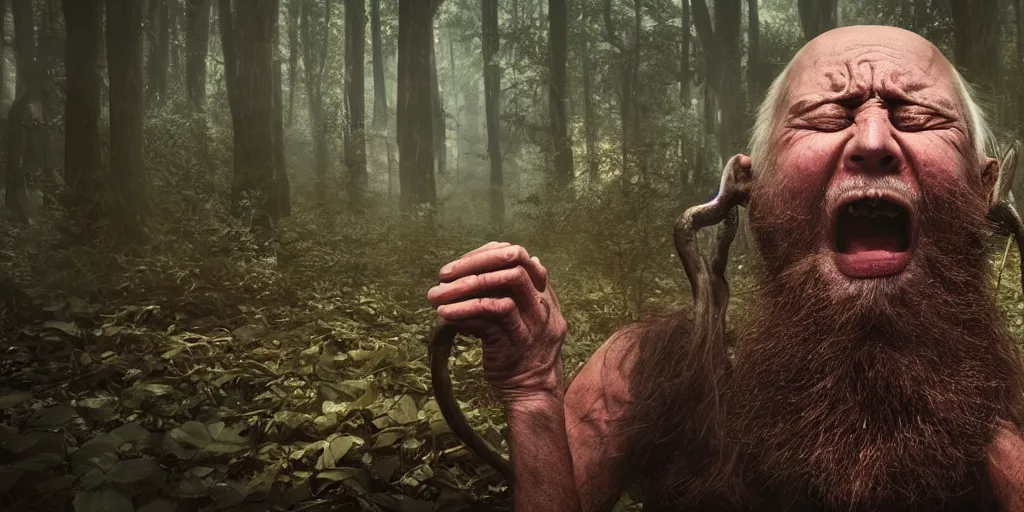 Image similar to a awardwinning wideangle colorchrome photo of a screaming old priest, long beard with 6 eyes, praying. in a forest surrounded by huge mushrooms, beautiful cinematic atmospheric lightning, style Steve McCurry, octane 8k render