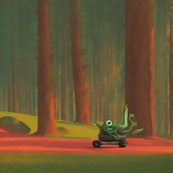 Prompt: fat alien on wheels rolling through the forest, highly detailed, Edward Hopper and James Gilleard