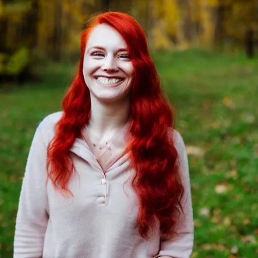 Prompt: a smiling woman with red hair, green eyes, dimples, and rosy cheeks