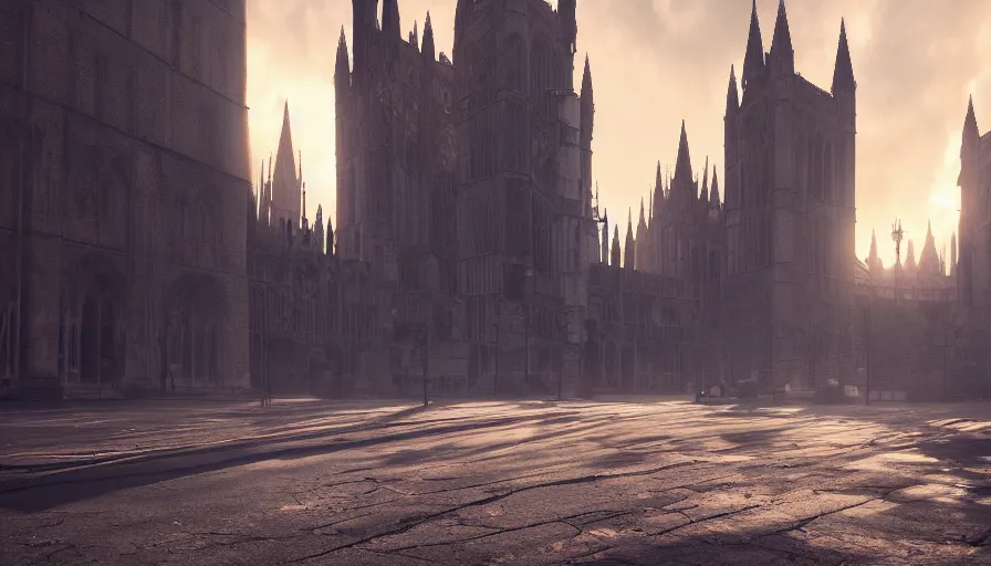 Prompt: empty streets of destroyed neo - gothic london, sunrise, dusty roads, hyperdetailed, artstation, cgsociety, 8 k