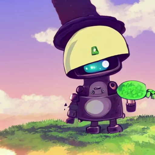 Image similar to cute little robot with big avocado hat and a carrot sword, made in abyss style