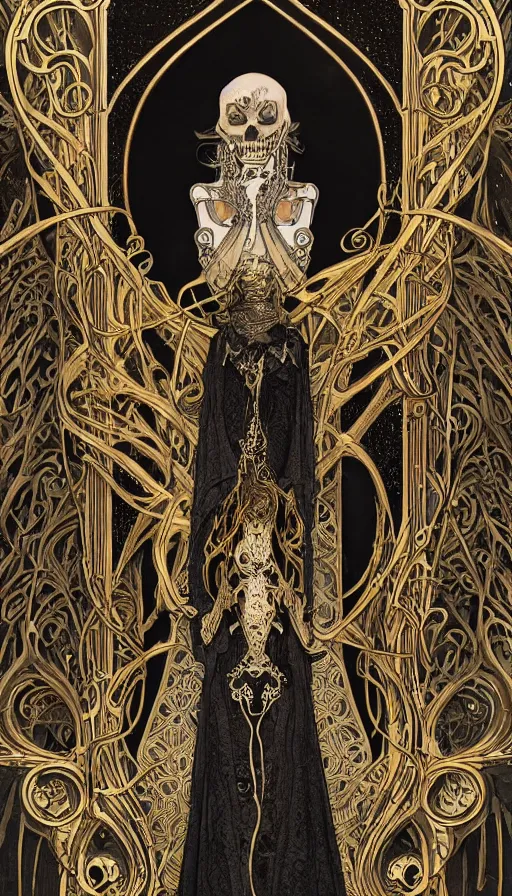 Image similar to a skeleton in a black cloak, highly detailed, very intricate, art nouveau, gold filigree, left right symmetry, tarot concept art watercolor illustration by mandy jurgens and alphonse mucha and alena aenami, featured on artstation