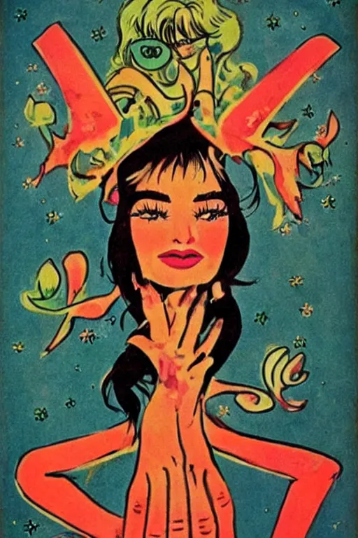 Prompt: poster for peace and love and harmony witch, 1 9 6 0 s