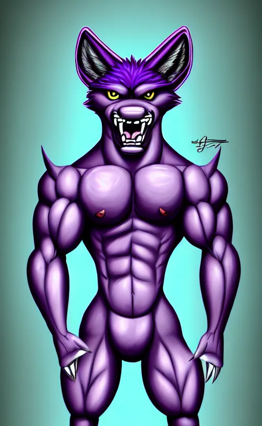 Prompt: painting of an anthropomorphic bulky muscular purple wolf, furry style, wearing jeans, deviant art, fursona, professional furry drawing, insanely detailed, bulky wolf - like face with dragon features, doing a pose from jojo's bizarre adventure, detailed veiny muscles, exaggerated features, beautiful shading, huge teeth, grinning, colorful background