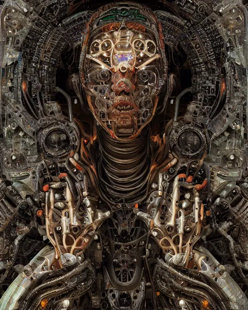 Image similar to timeless cybernetic deity with circuitry skin and networked mind tripping on acid, intricate detail, royo, whealan, giger, klimt, hd, octane render, unreal engine,