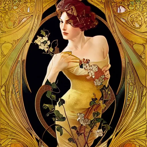 Prompt: an art nouveau painting in the style of mort kunstler, and in the style of charlie bowater, and in the style of alphonse mucha. floral patterns. gold leaf. symmetry, smooth, sharp focus, semi - realism, intricate detail.