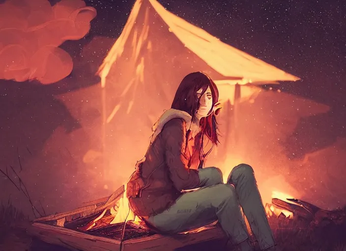 Prompt: woman sitting next to a campfire, cozy, night sky, digital art, highly detailed face, portrait, by conrad roset, by wlop, anime style, octane render