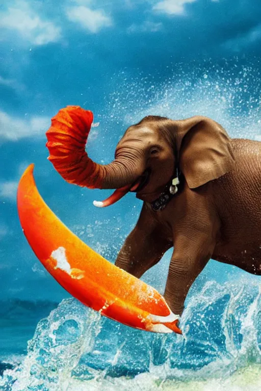 Image similar to close up still shot of young aang surfing on an elephant koi fish, from the live action movie the last airbender, 3 5 mm, highly detailed, dynamic lighting