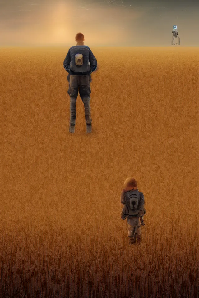 Prompt: realistic photo of the back view of one robotic kid on the ground, vast wheat fields, many distant tall buildings far away, by christopher balaskas, godrays, atmospheric, cinematic, distant world, wide angle, detailed