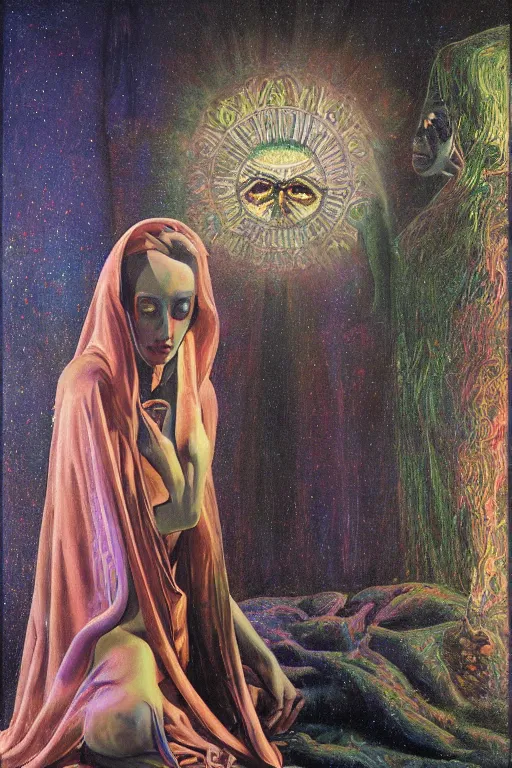 Image similar to gorgeous robed cult girl performing realism third eye ritual, dark theme night time, expanding energy into waves into the ethos, epic surrealism 8k oil painting, portrait, depth of field, perspective, high definition, post modernist layering, by Ernst Fuchs, Gerald Brom