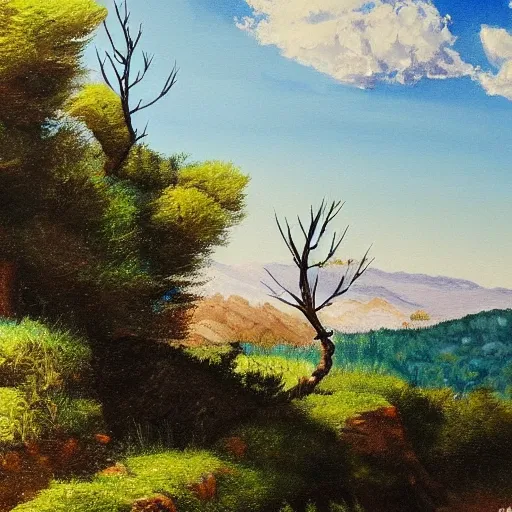 Prompt: painting of a landscape in the moutains during sumer, the sky is bright blue with a few patches of clouds, the threes are ceders with bare trunk at the base and a few thorns upper, Hayao Moyasaki style, hd,