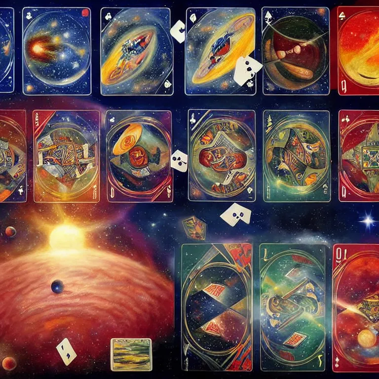 Prompt: Mafiosi playing cards in cosmos, Jupiter and star systems are visible in the background. Extremely high details, realistic, fantastic art, masterpiece, art by Alexei Leonov