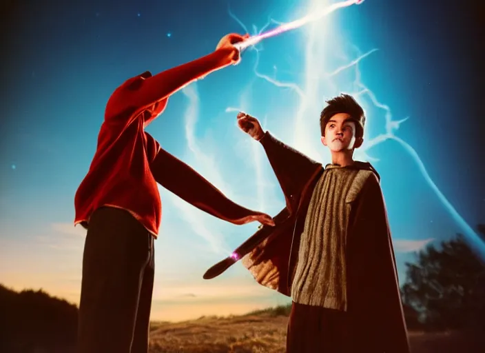 Image similar to a young adult wizard with very detailed face, hair clothes and shoes holds their wand fiercely in their hand from which a blast of bright magic flies from the end of the wand, on an empty moonlit hill, dramatic lighting, lens flare, 3 5 mm full frame professional photography, kodachrome