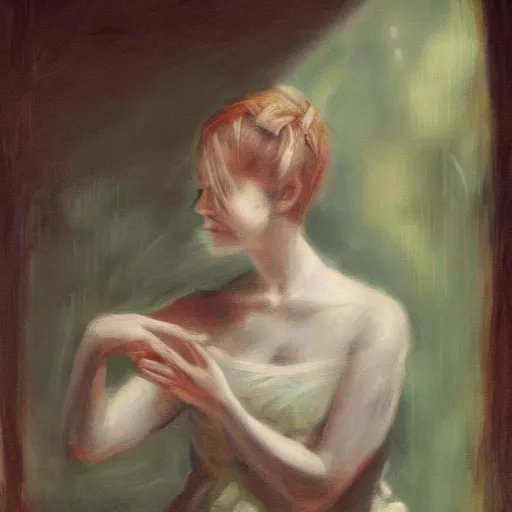 Prompt: a blind enchantress pondering her orb. By Anna Podeworna