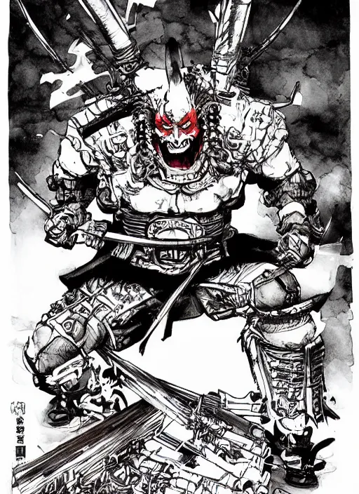 Prompt: a demonic samurai with a rocket launcher, by takehiko inoue and kim jung gi, masterpiece ink illustration