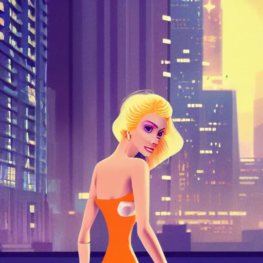 Prompt: a cartoonish portrait of a beautiful blonde woman wearing a cocktail dress, with long hair, in a futuristic blade runner city, illustration, art by Pixar, trending on Artstation, 8K