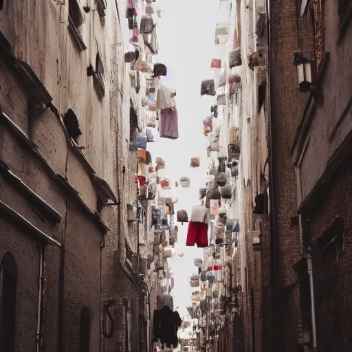 Prompt: photo extreme long shot of floating clothes in a back street, cinematic, depth of field, bokeh, atmospheric, 8k, trending on artstation