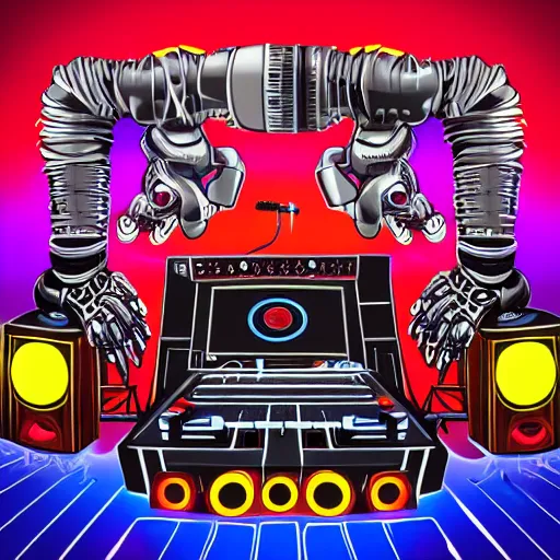 Image similar to album art for a dj, the album is called : dj roborock, big letters dj roborock, 3 steampunk robot heads with robot arms on a dj desk with a cd mixer, 8 k, fluorescent colors, halluzinogenic, multicolored, exaggerated detailed, front shot, 3 d render, octane