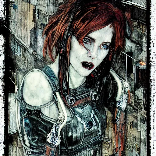 Prompt: redhead female cyberpunk, wires cables skulls, machines, in the style of john william waterhouse, and michael w kaluta, 4 k photo collodion process