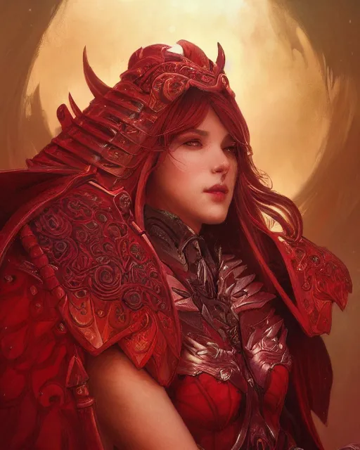 Image similar to Portrait of a Fantasy crimson knight, moonlit, HD, illustration, epic, D&D, fantasy, intricate, elegant, highly detailed, digital painting, artstation, concept art, smooth, sharp focus, illustration, art by artgerm and greg rutkowski and alphonse mucha, monster hunter illustrations art book