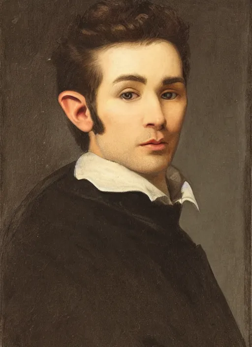 Image similar to portrait of handsome young elf with brown eyes brown hair and a short neat beard by charles angrand, only one head single portrait, pointy ears, wearing a black leather collared jacket