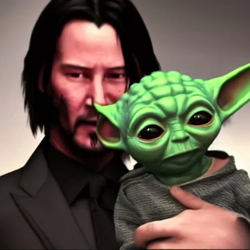 Image similar to keanu reeves holding baby yoda in his arms, matrix, detailed, hyper realistic, 4 k octan render, unreal 5